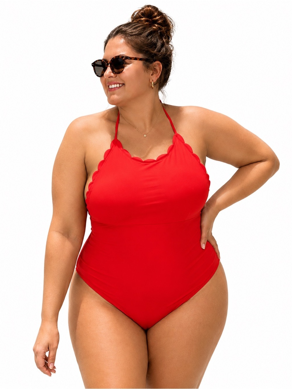 Nordstrom Red Halter One-Piece Swimsuit with Scallop Trim